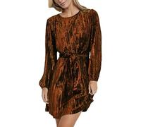 cffvdiz Braun,XXL, Samt-Kleid Für Frauen Einfarbig Casual Langarm Cocktailkleider Mit Gürtel