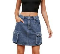 cffvdiz Cargorock Für Damen Sexy Bodycon Mini Denim Rock Elastische Taille Multi-Pocket Jeans Cargo-Röcke,Blau,M
