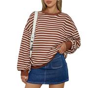 cffvdiz Damen Crewneck Loose Fit Gestreifte Sweatshirt Raglan Ärmel Oversized Trendy Gemütliche 2024 Herbst Pullover Tops,Braun,M