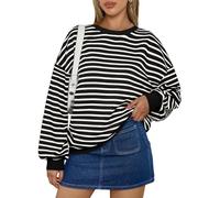 cffvdiz Damen Crewneck Loose Fit Gestreifte Sweatshirt Raglan Ärmel Oversized Trendy Gemütliche 2024 Herbst Pullover Tops,Schwarz,M