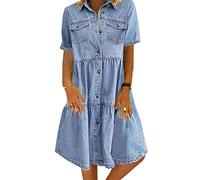 cffvdiz Damen Damen Jeanshemd Kleid Kurzärmel Rever Distel Button Down Jean Jeanskleid,Blau,3XL