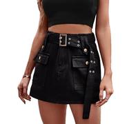 cffvdiz Damen Denim Cargorock Elastische Taille Bodycon Mini Y2K Jeans Röcke Mit Gürtel,Schwarz,S