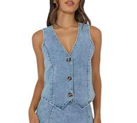 cffvdiz Damen Denim Weste Tops Ärmellos V-Ausschnitt Knopf Front Sommer 2025 Slim Fit Jean Vest,Light blue,L