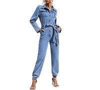 cffvdiz Damen Distressed Denim Jumpsuit Casual Langarm Knöpfe Unten Jean Denim Jumpsuit Strampler,Blau,L