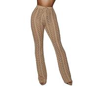 cffvdiz Damen Häkeln Strandhosen Sexy Hohl Strickhose Bikini Badeanzug Cover Up Hose,Khaki,XL
