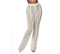 cffvdiz Damen Häkeln Strandhosen Sexy Hohl Strickhose Bikini Badeanzug Cover Up Hose,Weiß,M