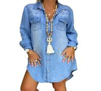 cffvdiz Damen Jeanshemd Kleid Langarm Button Down Casual Jeanskleid,Blau,M