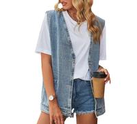 cffvdiz Damen Jeansweste Ärmellose Jeansjacke Lässige Oversize Button Down Jeanswesten,Blau,L