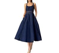 cffvdiz Damen Sexy Halter Denim Midi Kleid Hohe Taille Zurück Reißverschluss A-Linie Kleider,Dark Blue,L