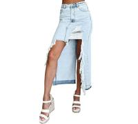 cffvdiz Damen Sexy Hohe Taille Denim Rock Unregelmäßige Raw Edge Zerrissen Distressed Split Denim Jean Rock,Light Blue,XL