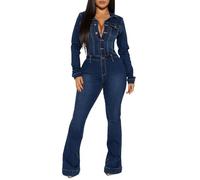 cffvdiz Damen Sexy Langarm Denim Jumpsuit Hohe Taille Slim Fit Stretch Flare Jeans Jumpsuit Strampler,Dark blue,XXL