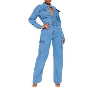 cffvdiz Damen Sexy Langarm Denim Jumpsuit Slim Fit Button Down Cargojeans Strampler Mit Weitem Bein Und Tasche,Blau,M