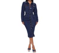 cffvdiz Damen Sexy Maxi Denim Kleid Langarm Slim Button Down Jean Maxi Kleider Mit Gürtel,Blau,S