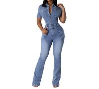 cffvdiz Damen Sexy Slim Denim Jumpsuit Kurzarm Knopfleiste Stretch Jeans Strampler Mit Weitem Bein,Blau,M