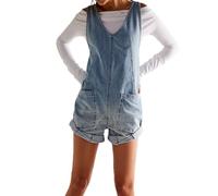 cffvdiz Damen Sommer Vintage Sleeveless Shorts Denim Jumpsuit Strampler Mit Tasche Verstellbarer Gurt,Blau,S