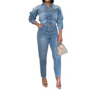 cffvdiz Denim Overall Für Frauen Sexy Slim Fit Langarm Hohe Taille Jean Jumpsuits Button Down Elastische Taille Strampler,Blau,XXL