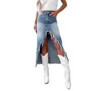 cffvdiz Distressed Schlitz Lange Denim Rock Ausgefranst Rand Hight Taille Unregelmäßige Midlength Jean Röcke Mit Taschen,Blau,XXL