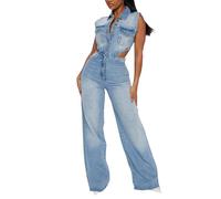 cffvdiz Frauen Ärmellose Cut-Out Denim Jumpsuit Ripped Back Stretch Button Up Jean Overall Mit Taschen,Light Blue,S