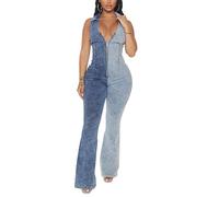 cffvdiz Frauen Ärmellose Zip Up Denim Jumpsuit Farbblock Patchwork Stretch Straight Leg Jean Jumpsuit Strampler,Blau,M