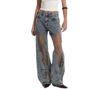 cffvdiz Frauen Baggy Vintage Wide Leg Jeans Distressed Ausgehöhlt Texturierte Y2K Straight Boyfried Denim Hosen,Blau,XXL