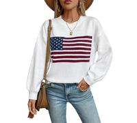 cffvdiz Frauen Crewneck Amerikanische Flagge Pullover Langarm Lose Gestreifte USA Strick Pullover Tops Herbst 2024,Weiß,L