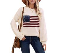 cffvdiz Frauen Crewneck Amerikanische Flagge Pullover Langarm Lose Gestreifte USA Strick Pullover Tops Herbst 2024,Apricot,M