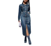cffvdiz Frauen Langarm Denim Kleid Revers Button Down Split Hem Jumpsuit Jean Kleider,Blau,XL