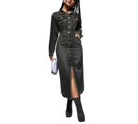 cffvdiz Frauen Langarm Denim Kleid Revers Button Down Split Hem Jumpsuit Jean Kleider,Schwarz,S