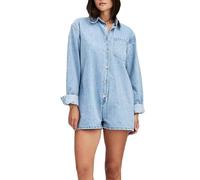 cffvdiz Frauen Preppy Langarm Denim Strampler Knopf Vorne Revers Lose Straight Leg Jean Overall Shorts,Light Blue,XL