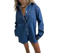 cffvdiz Frauen Preppy Langarm Denim Strampler Knopf Vorne Revers Lose Straight Leg Jean Overall Shorts,Dark Blue,XL