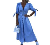 cffvdiz Frauen Sexy V-Ausschnitt Maxi Denim Kleid Kurzarm Button Denim Hemd Kleid,Blau,XL