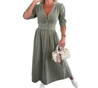 cffvdiz Frauen Sexy V-Ausschnitt Maxi Denim Kleid Kurzarm Button Denim Hemd Kleid,Grün,S