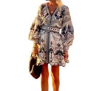 cffvdiz Frauen Sommer Langarm V-Ausschnitt Gedruckt Kurze Kleid Lässig Lose Boho Kleider,Schwarz,L