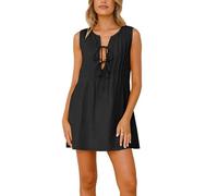 cffvdiz Frauen Sommer Leinen Ärmellose Tank Kleid Krawatten Vorne Gefaltet V-Ausschnitt Lose Mode Kurze Urlaub Kleider,Schwarz,M