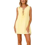 cffvdiz Frauen Sommer Leinen Ärmellose Tank Kleid Krawatten Vorne Gefaltet V-Ausschnitt Lose Mode Kurze Urlaub Kleider,Gelb,L