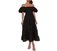 cffvdiz Frauen Sommer Maxi Kleid Trägerlos Wrap Laterne Kurzarm Rüsche Flowy Boho Strand Hochzeit Sonnenkleid,Schwarz,XL