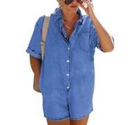cffvdiz Frauen Streetwear Button Up Denim Romper Rolled Kurzarm Sommer Trendy Lose Jean Shorts Jumpsuit,Dark Blue,XL