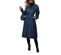 cffvdiz Frauen Vintage Revers Kragen Lange Denim Jacke Doppelbreasted Gürtel Langarm Arbeit Büro Jean Trenchcoat,Dark blue,M
