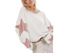 cffvdiz Frauen Y2K Star Patch Sweatshirt Crewneck Langarm Pullover Herbst 2024 Drop Schulter Lose Hemd Tops,Rosa,XL