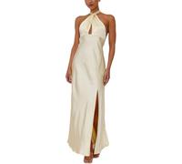 cffvdiz Gelb,S, Frauen Ärmellose Satin Seide Maxi Kleider Sexy Hängende Hals Krawatte High Split Hochzeit Gäste Kleider