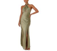 cffvdiz Grün,S, Frauen Ärmellose Satin Seide Maxi Kleider Sexy Hängende Hals Krawatte High Split Hochzeit Gäste Kleider