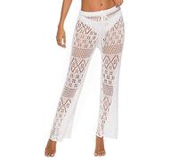 cffvdiz Häkeln Hosen Für Frauen Sexy Hohl Bikini Badeanzug Cover Up Hosen Hohe Taille Mesh Beach Hose,Weiß,L