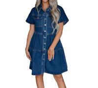cffvdiz Jeanskleid Für Damen Button Down Kurzarm Jeanskleid Babydoll Denim Hemdkleid,Dark Blue,L