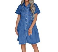 cffvdiz Jeanskleid Für Damen Button Down Kurzarm Jeanskleid Babydoll Denim Hemdkleid,Light Blue,M