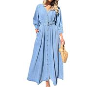 cffvdiz Light Blue,L, Damen Langarm Denim Maxi Kleider V-Ausschnitt Knopf Down A-Linie Denim Langes Kleid Mit Gürtel