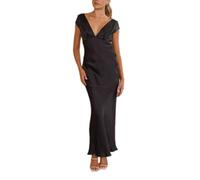 cffvdiz Schwarz,S, Frauen Sommer Satin Kleid Sexy Slim Deep V Rückenfrei Bodycon Maxi Kleid