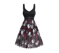 cffvdiz Schwarz,XXL, Halloween Kleid Für Frauen Halter Vintage Mesh Schädel Druck Cocktail Swing Kleider