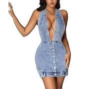 cffvdiz Sexy Deep V-Ausschnitt Denim Kleid Sommer Ärmellos Rückenfrei Slim Button Bodycon Jean Dress Club Party Nacht,Blau,S
