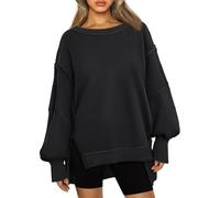 cffvdiz Übergroße Sweatshirt Für Frauen Crewneck Schlitz Seiten Patchwork Langarm Lose Y2K Pullover Tops,Schwarz,M