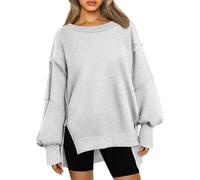 cffvdiz Übergroße Sweatshirt Für Frauen Crewneck Schlitz Seiten Patchwork Langarm Lose Y2K Pullover Tops,Grau,L